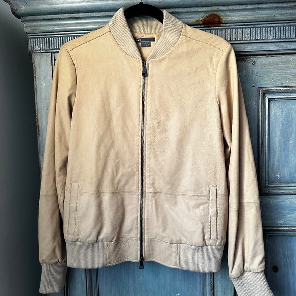 Vince Beige Lamb Leather Bomber Jacket Size S - Picture 2 of 8